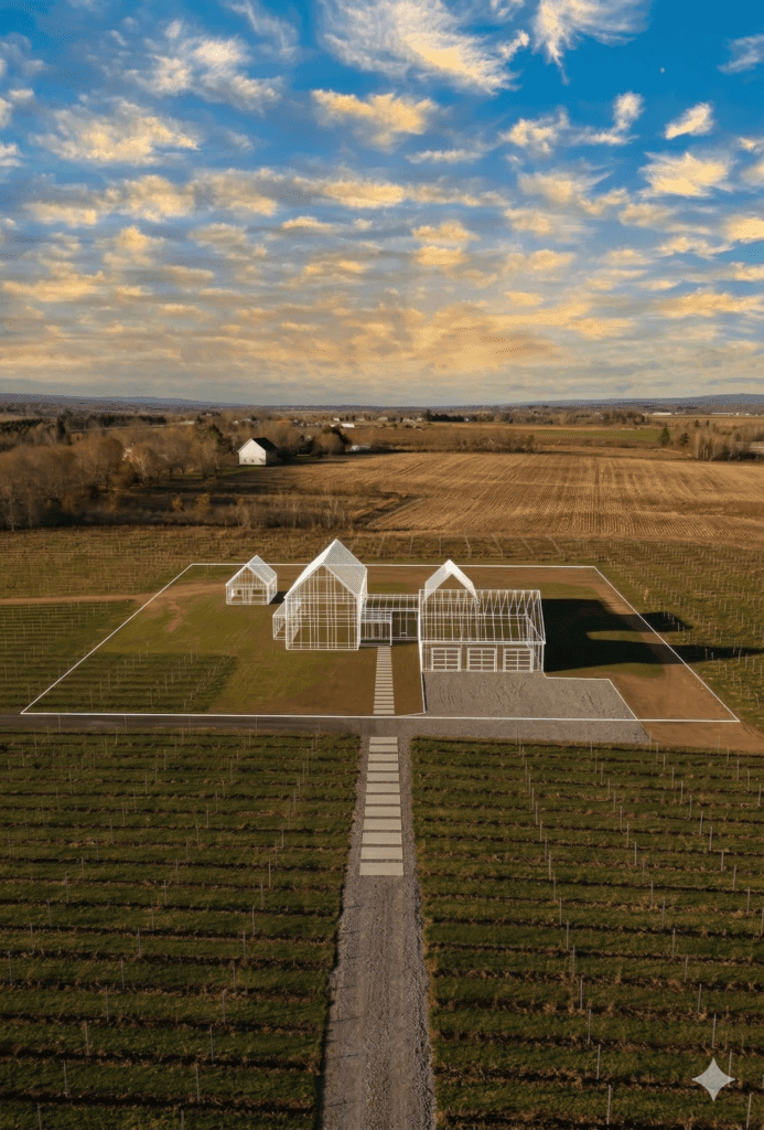 Wireframe concept of a custom home overlaid on an Annapolis Valley landscape to visualize a future home build.
