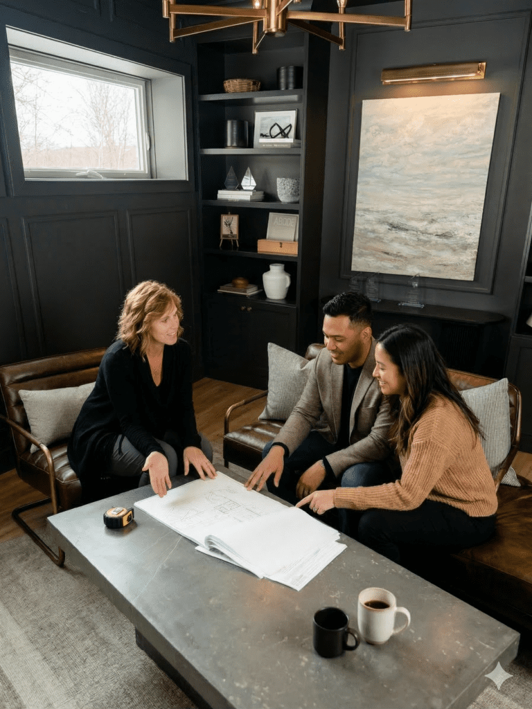 Bentley Built office staff discussing a custom home project in the Annapolis Valley, Nova Scotia.